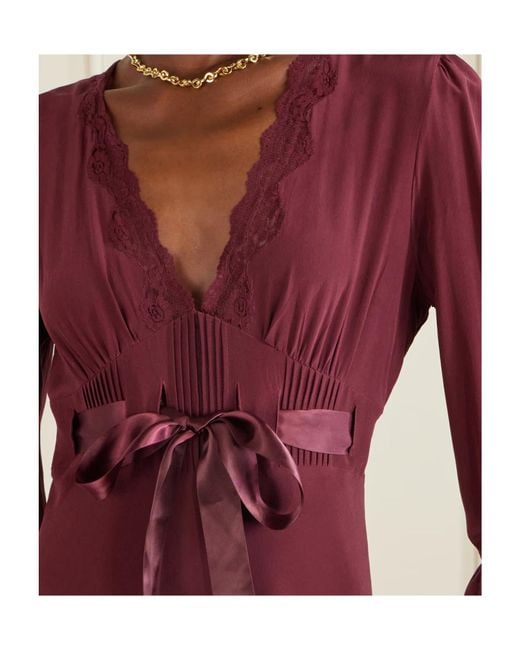 Rixo Purple Adaline Bow-Detailed Lace-Trimmed Silk Maxi Dress