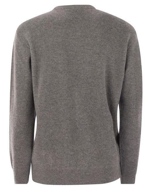 Brunello Cucinelli Gray English Rib Cashmere Sweater With Monile