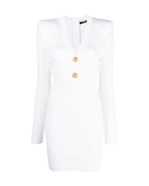 Balmain White Ribbed-Knit Mini Dress