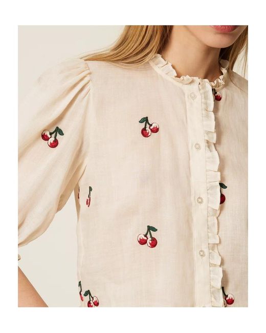Twinset Natural Embroidered Puff-Sleeve Top