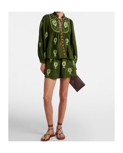 Farm Rio Green Embroidered Linen-Blend Blouse