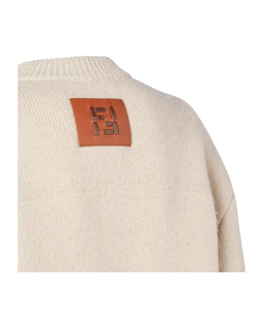Fendi Natural Button-Up Knitted Crewneck Cardigan