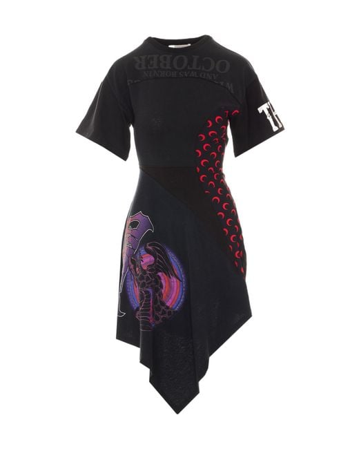 MARINE SERRE Black Asymmetric Printed Dress