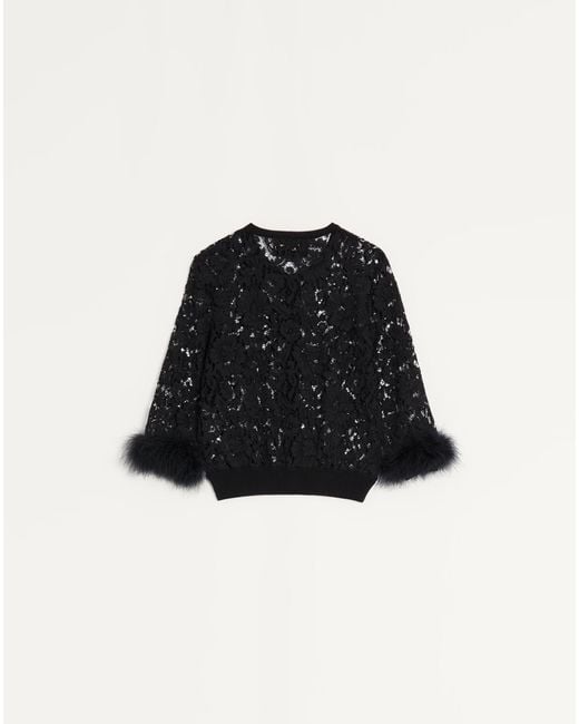 Valentino Black Lace Feather-Trim Cardigan