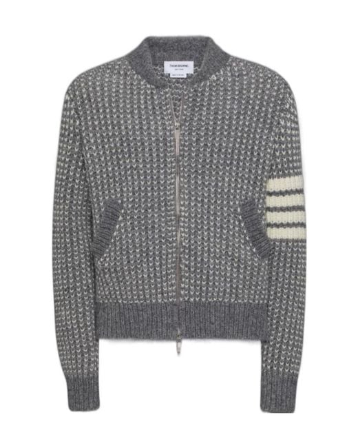 Thom Browne Gray Bar Chunky-Knit Bomber Jacket for men
