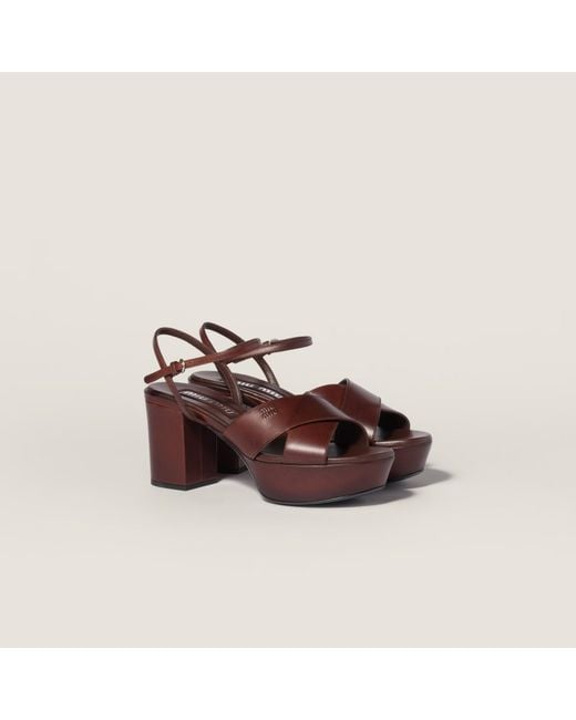Miu Miu Brown Logo-Embossed Platform Sandals