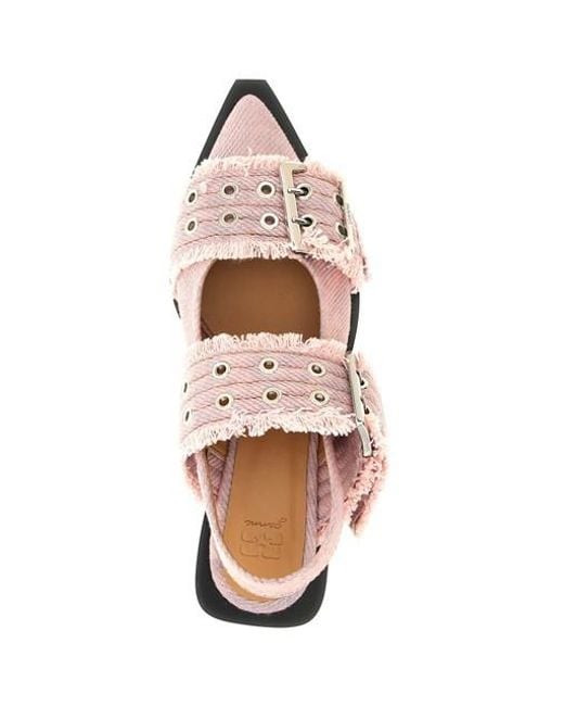Ganni Pink Fringed Buckle Flat Mules