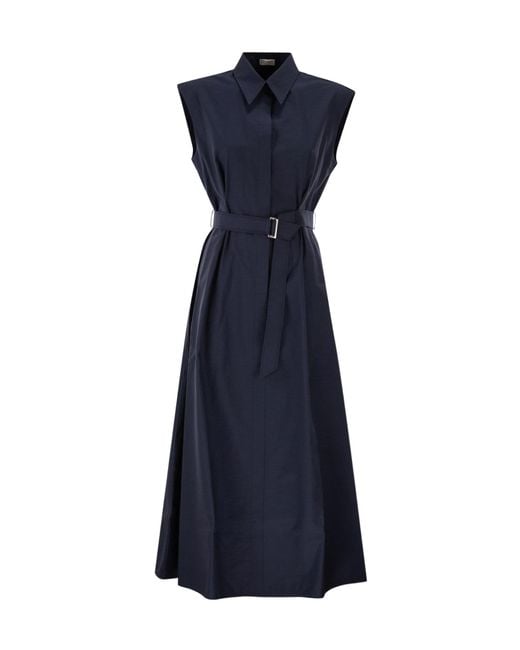 Brunello Cucinelli Blue Long Sleeveless Cotton Dress With Belt