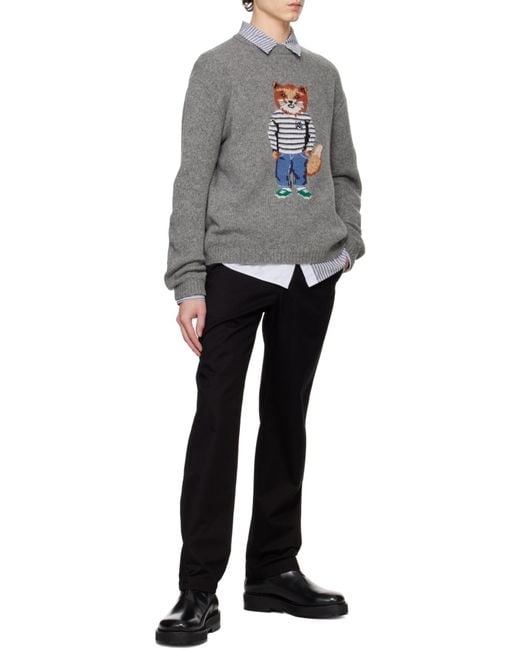 Maison Kitsuné Gray Maison Kitsuné Dressed Fox-Intarsia Crewneck Jumper for men