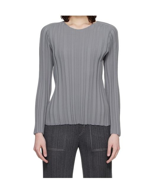 Pleats Please Issey Miyake Gray Ribbed Knit Crew Neck Top