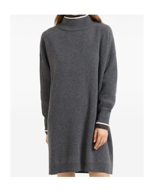 Brunello Cucinelli Gray High Neck Ribbed Mini Dress
