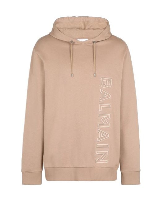 Balmain Natural Logo Embossed Drawstring Hoodie for men