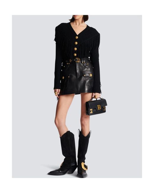 Balmain Black Western Leather A-Line Skirt