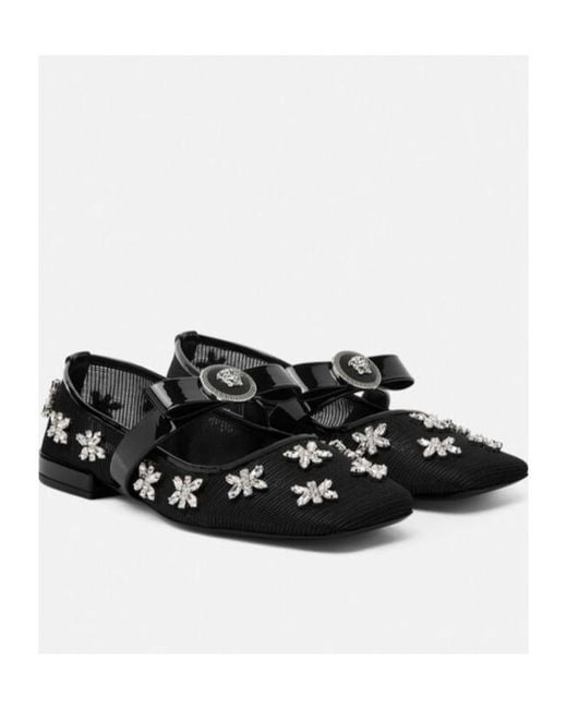 Versace Black Mesh Gianni Ribbon Ballerinas