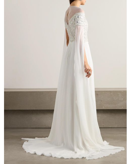 Georges Hobeika White Tulle-Trimmed Embellished Georgette Gown