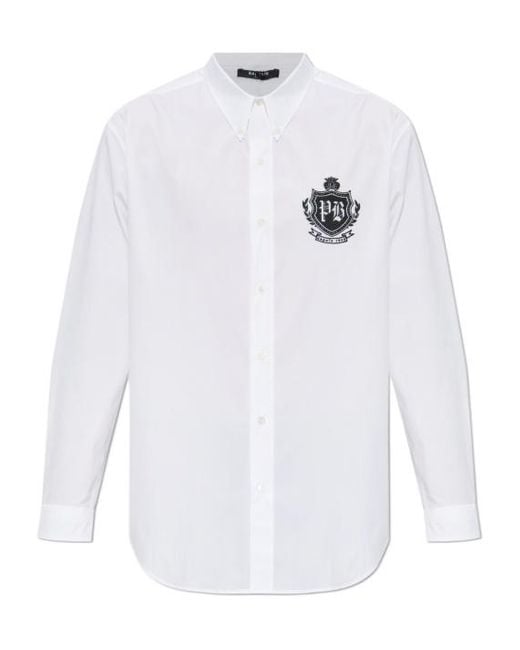 Balmain Men's White Long Sleeved Logo Embroidered Shirt
