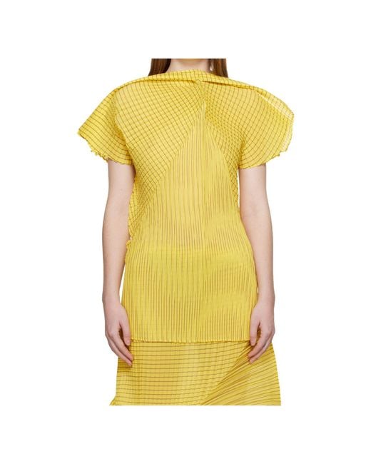 Issey Miyake Yellow Pleated Semi-Transparent Plain Weave Cover-Up