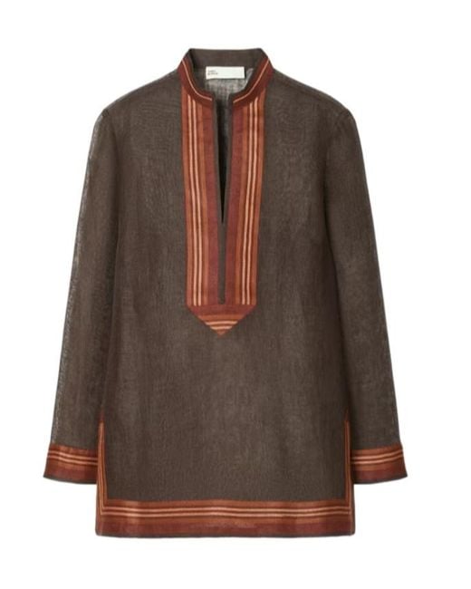 Tory Burch Brown V-Neck Striped Detail Blouse