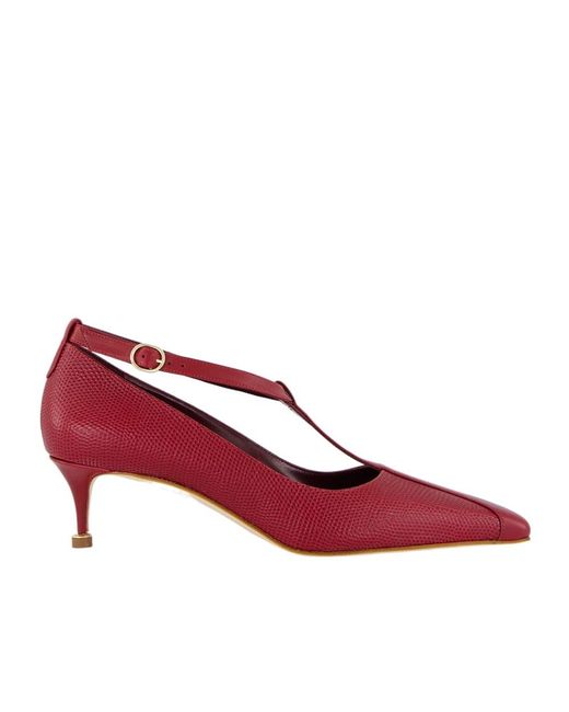 Manolo Blahnik Red Rosellon T-Strap Leather Kitten Pumps