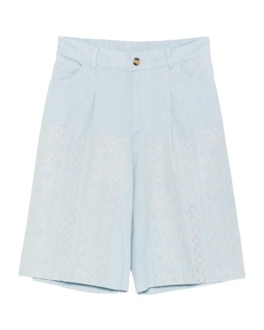 Semicouture Blue Zelda Embroidered Cotton Shorts