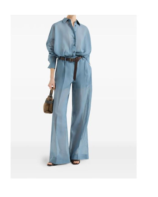 Brunello Cucinelli Blue Cotton Organza Wide-Leg Trousers
