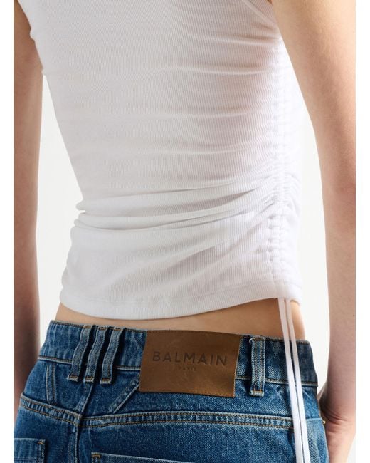 Balmain White Stretch-Cotton Drawstring Tank Top