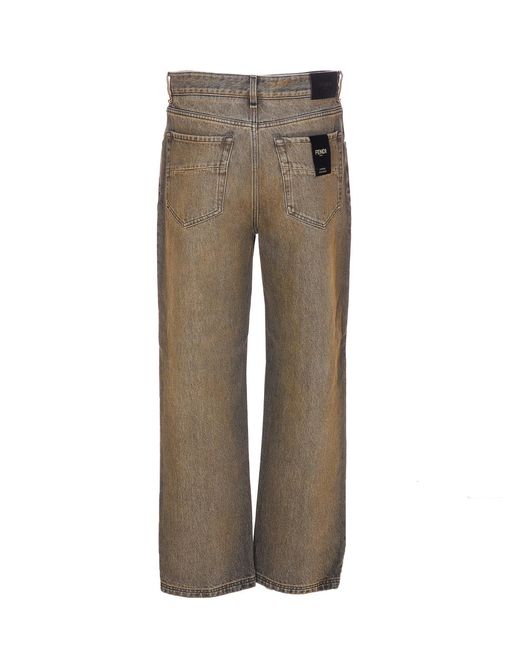 Fendi Gray Logo Patch Straight-Leg Long Jeans for men