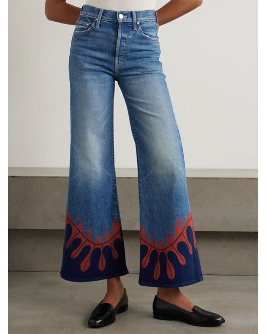 Mother Blue Printed High-Waisted Flared Jeans