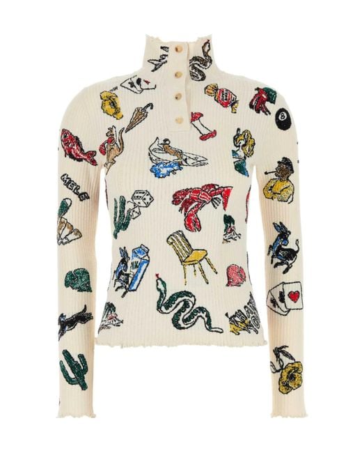 Bottega Veneta White Sketches Detailed Polo Jumper