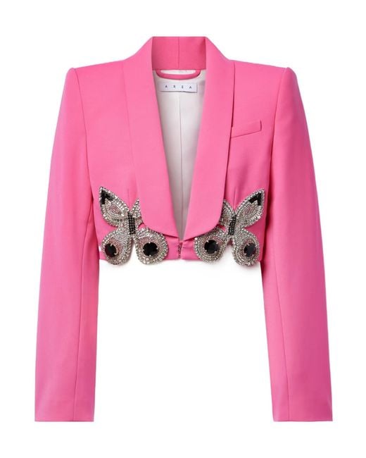 Area Pink Cropped Crystal-Embellished Wool-Blend Crepe Blazer