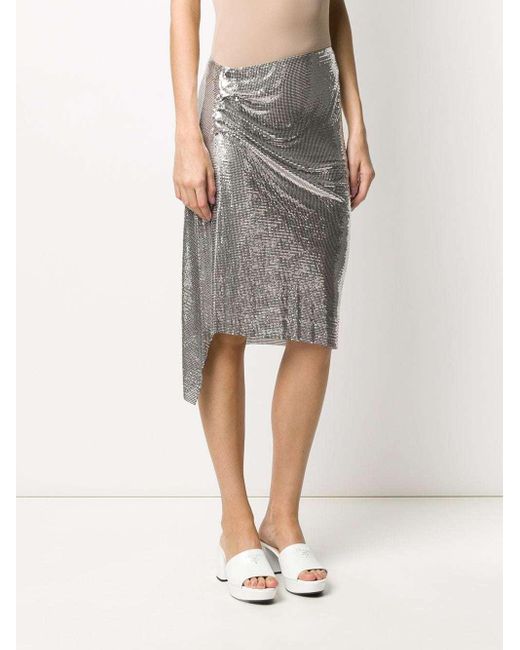 Rabanne Gray Asymmetric Metallic Ruched Midi Skirt