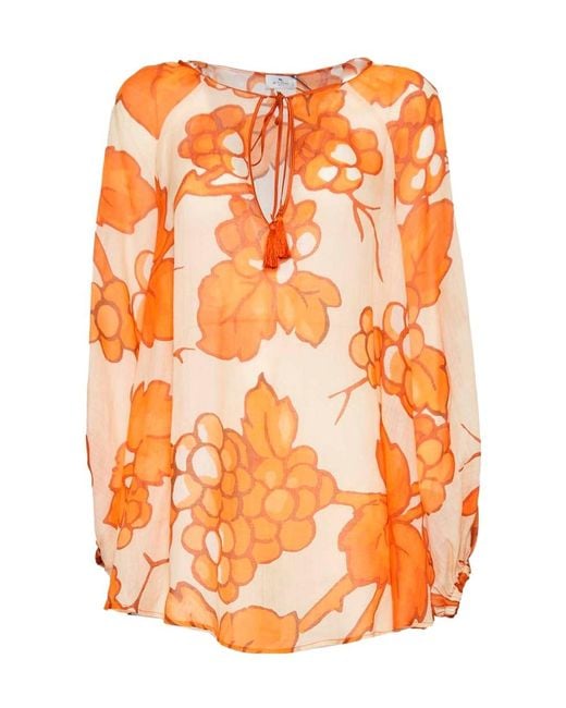 Etro Orange Floral Printed Long Sleeved Blouse