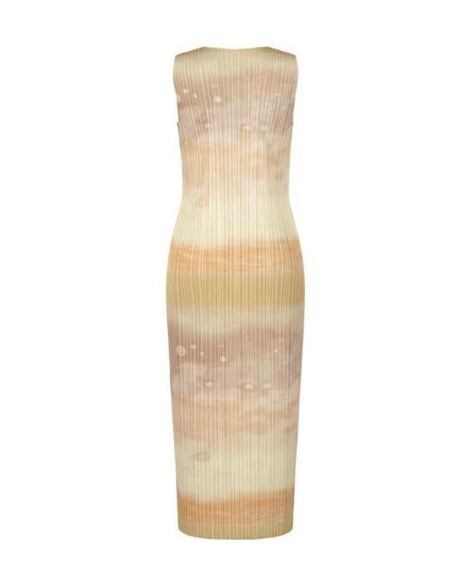 Pleats Please Issey Miyake Natural Pleated Abstract-Print Midi Dress