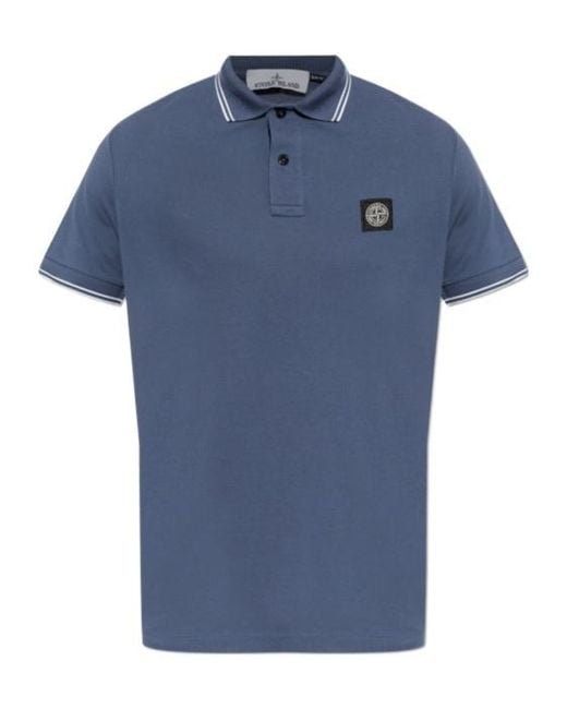 Stone Island Blue Logo Patch Short-Sleeve Polo Shirt for men