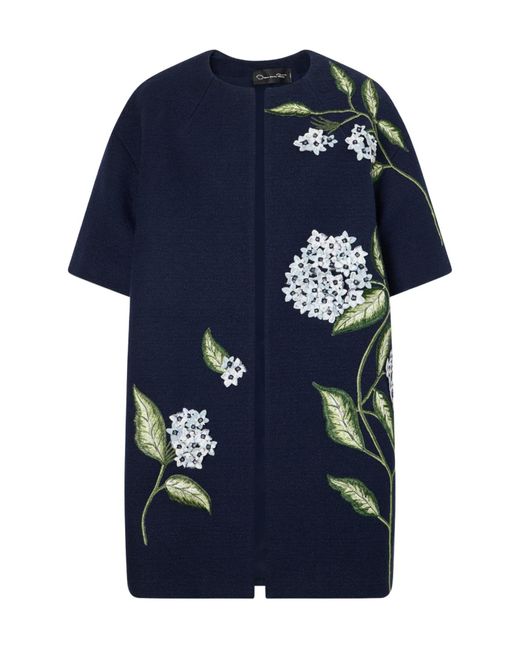 Oscar de la Renta Blue Embellished Embroidered Cotton-Blend Tweed Coat