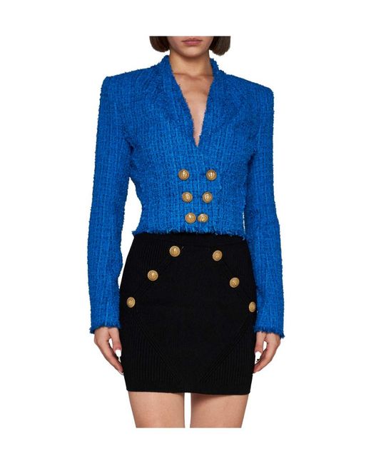 Balmain Blue Double-Breasted Cropped Jacket