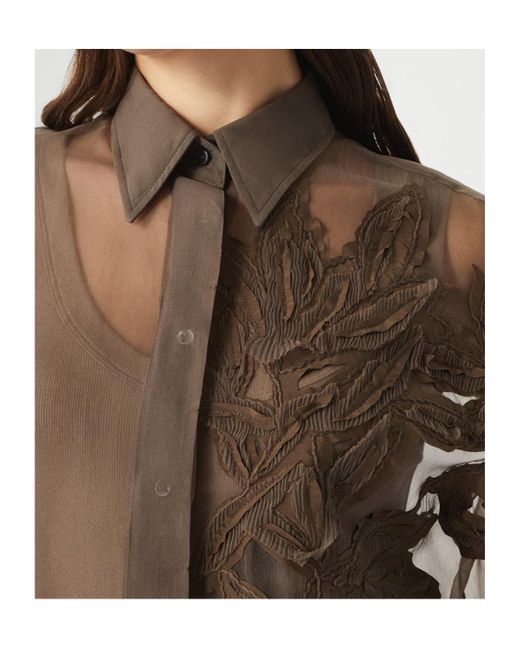 Brunello Cucinelli Brown Herbarium Appliqué Crispy Satin Shirt