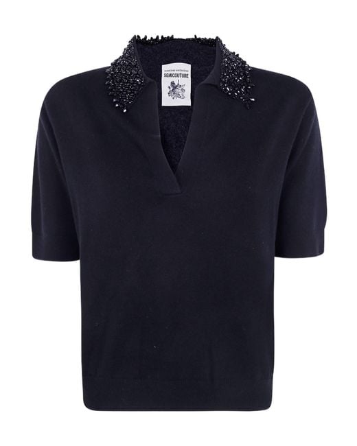Semicouture Blue Bead-Embellished Short-Sleeve Sweater
