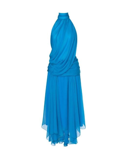 Alberta Ferretti Blue Draped Halterneck Midi Dress