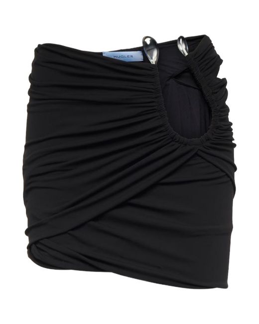 Mugler Black Ring-Detail Ruched Jersey Miniskirt