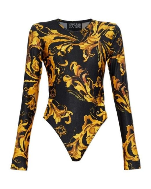 Versace Jeans Black Couture Barocco Printed Crewneck Bodysuit
