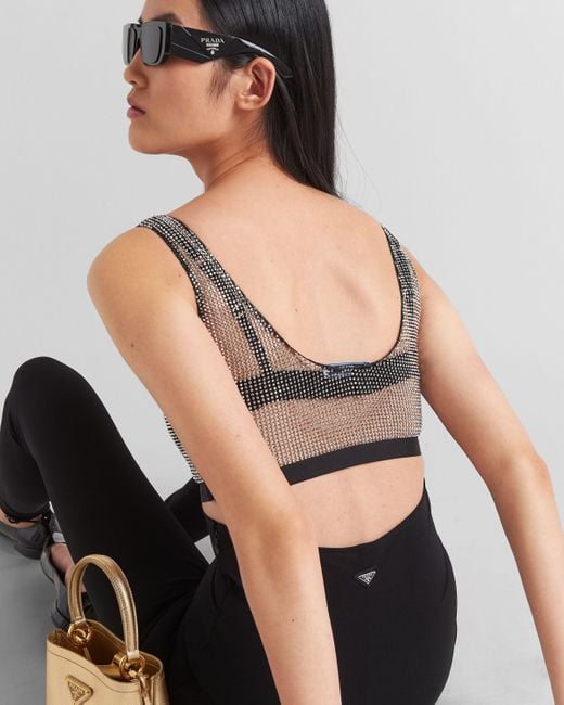Prada Gray Embellished Mesh Cropped Top