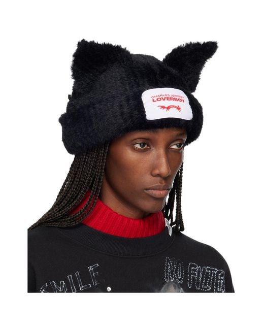 charlesjeffreyloverboy Black Fluffy Chunky Ears Beanie