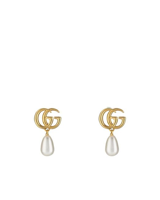 Gucci Metallic Gg Marmont Pearl Detailed Earrings