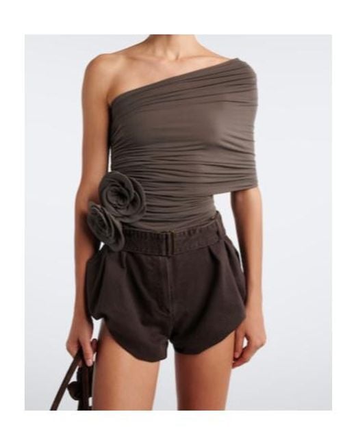 Magda Butrym Brown Floral-Print Draped Off-The-Shoulder Top