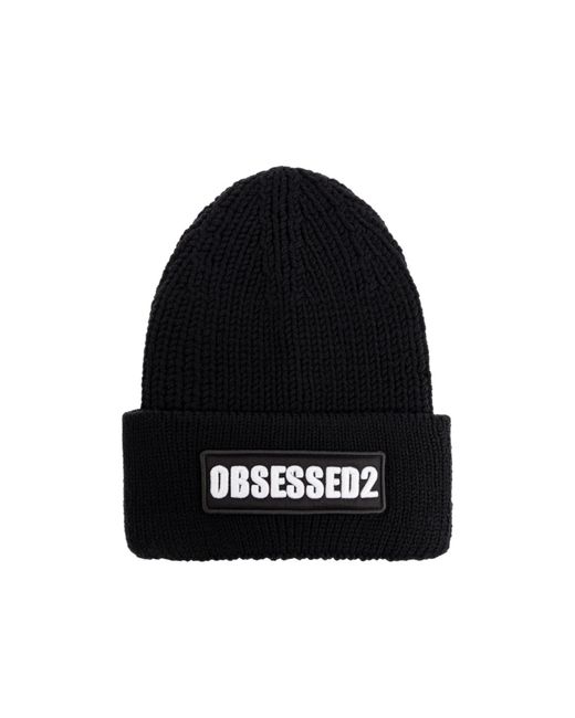 DSquared² Black Logo Patch Knitted Beanie for men