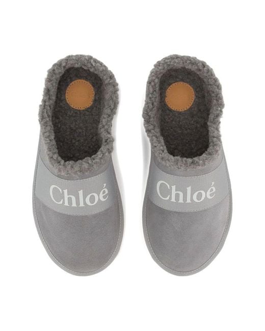 Chloé Gray Logo-Print Slippers