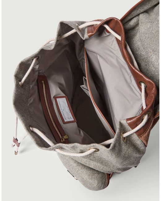 Brunello Cucinelli Brown Virgin Wool, Alpaca And Cashmere Flannel Field Backpack With Grained Calfskin Inserts for men