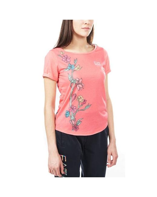 EA7 Pink Floral Pattern Round Collar Short-Sleeved T-Shirt