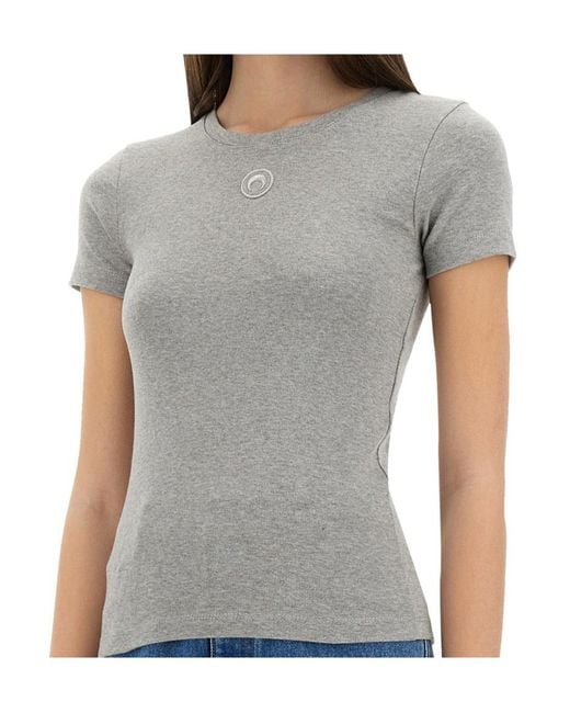 MARINE SERRE Gray Crescent Moon Embroidered Crewneck T-Shirt